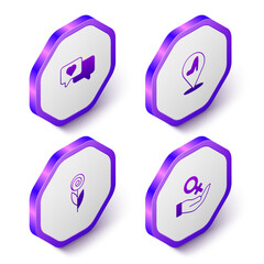 Set Isometric Heart in speech bubble, Woman shoe, Flower and Female gender symbol icon. Purple hexagon button. Vector