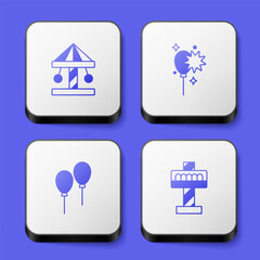 Set Attraction carousel, Balloons with ribbon, and icon. White square button. Vector