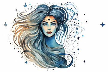 The zodiac sign of Virgo. Watercolor woman portrait - obrazy, fototapety, plakaty
