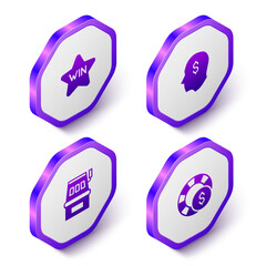 Set Isometric Casino win, Lucky player, Slot machine and chips icon. Purple hexagon button. Vector