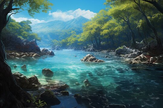Bay landscape in an island forest, with trees and blue water in Principe. Generative AI