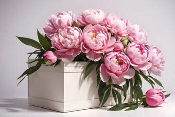 Pink peonies flowers with leaves inside the box white background
