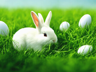A rabbit is playing with a grass meadow with white eggs on green grass Generative AI