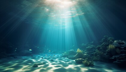 Fototapeta na wymiar Serene Underwater Scene with Sunlight Shining on Ocean Beach