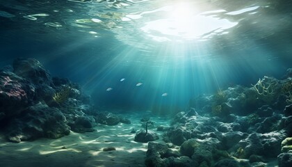 Fototapeta na wymiar Serene Underwater Scene with Sunlight Shining on Ocean Beach