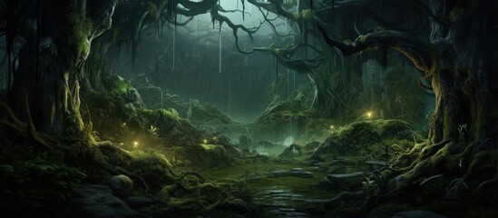 Game background depicting realistic fantasy forest scenery