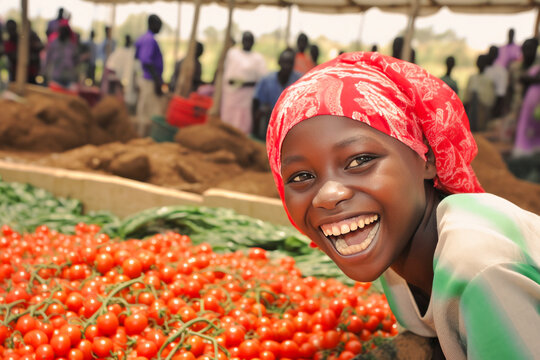 Vibrant African Woman, Spirited And Laughing, Arranging Tomatoes At Her Vegetable Stand.