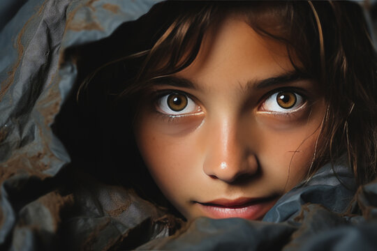Brave girl with flashlight exploring a blanket fort, symbolizing courage and the overcoming of fear.