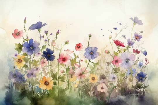 Illustration of flowers blooming in a meadow using watercolors. Generative AI