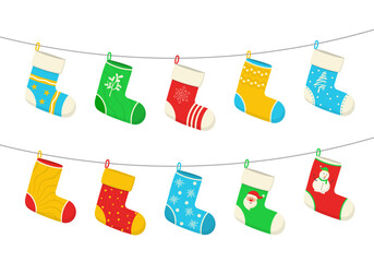 Stickers, clipart for Xmas. Various traditional colorful and ornate holiday stockings or Christmas socks collection. Cartoon New Year design. Hanging holiday decorations for gifts. Vector illustration