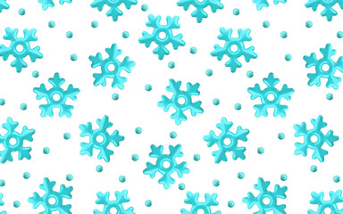 Vector 3d winter blue snowflake pattern background. Cute Christmas and New year shiny frozen snow white background. 3d render snowflakes print for web, wallpaper, greeting card