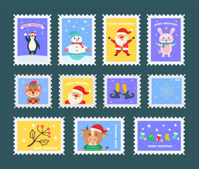 Christmas merry cute stamp with holiday symbols and decoration elements. Collection of postal stamps with Christmas decoration symbols.