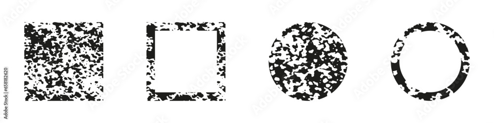 Poster square and circle frame set. grunge texture splatter border, dirty ink rough pattern. black geometri