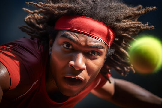 AI generated illustration of African American serious brown eyed player with tennis ball looking at camera against dark background