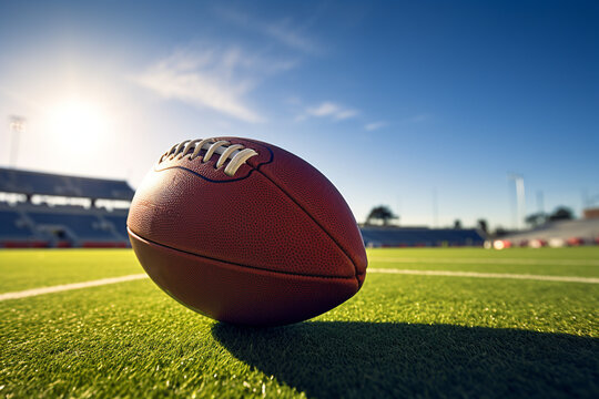 Generative AI illustration of small ball in grass rugby course with shade on summer day in sunlight
