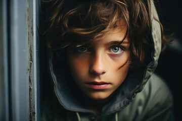 Generative AI illustration portrait of young autistic man with a hood over his head staring at the camera in blurred background