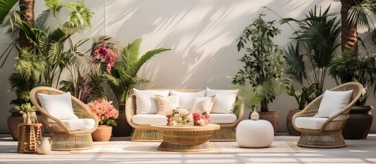 Outdoor area furnished with attractive rattan furniture cozy cushions and various decorative items - obrazy, fototapety, plakaty