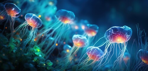Glowing bioluminescent organisms underwater background. Generative AI