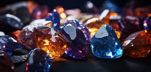 Sparkling gemstones on a dark background. Generative AI - obrazy, fototapety, plakaty