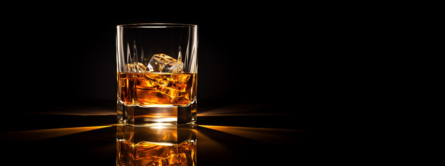 a glass of scotch whisky with back lighting. tumbler of whiskey / brandy and ice backlit scotch on the rocks