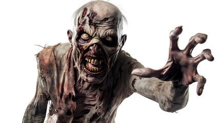 Scary Zombie about to catch his victim isolated on transparent background 