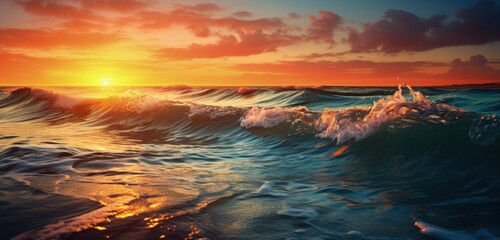 Glittering ocean waves at sunset background. Generative AI