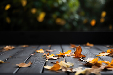 Naklejka na ściany i meble Fall Foliage Elegance on Dark Wooden Deck