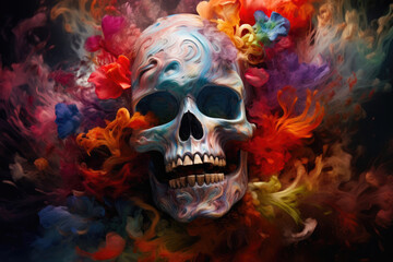 Otherworldly Smoke Skull with Serpent and Blossoms