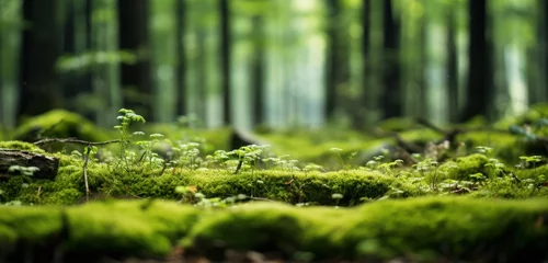 Fotobehang Moss-covered forest floor background. Generative AI © Ilugram