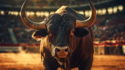 Zelfklevend Fotobehang Spanish bull in the bullfighting arena. Generative AI © Ilugram
