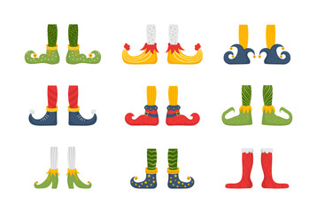 Collection of cute elves legs, boots, socks. Santa helpers shoes and pants with gifts, presents. Christmas gnome bundle. Vector. Christmas elf feet and legs set, decoration for celebration. - obrazy, fototapety, plakaty