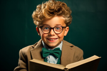 Inspiring scene of a young boy in tweed jacket and glasses, playfully lecturing from an vintage physics textbook.
