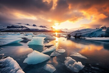 A stunning glacier lagoon and beach in Iceland's Vatnajokull National Park. Generative AI - obrazy, fototapety, plakaty