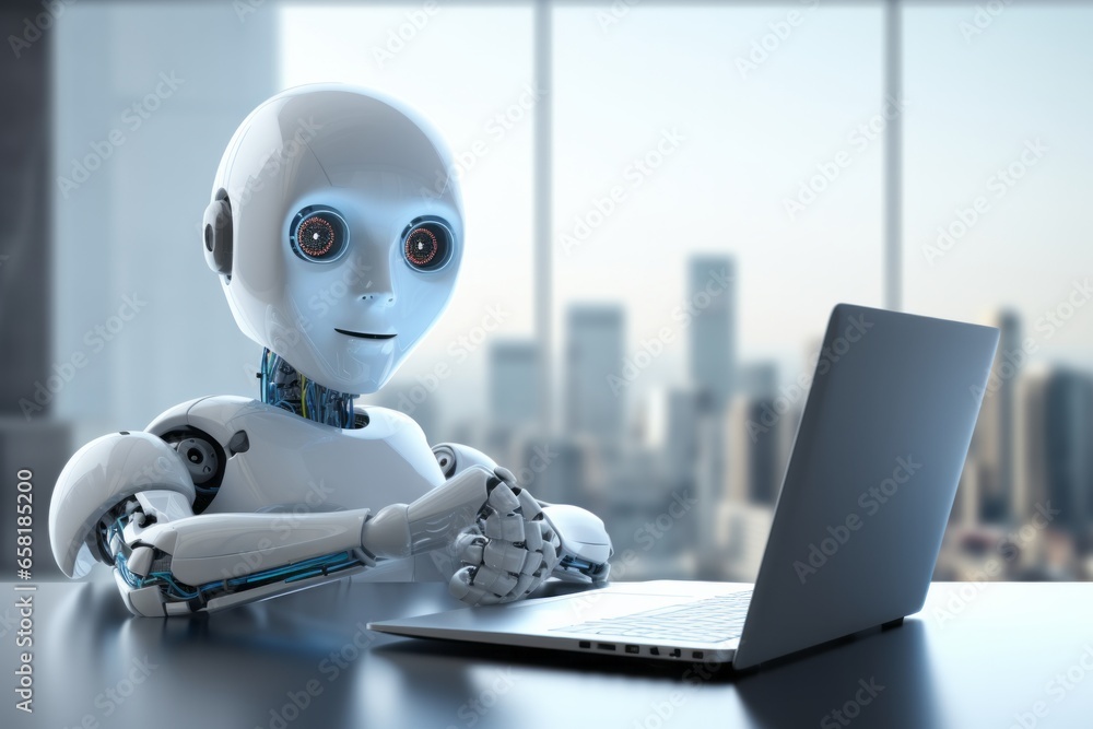Aufkleber blue smiling computer robot working in a modern workspace with laptop