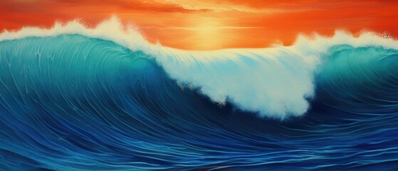 Deep blue ocean with gale force winds and huge wave crests, intense bright golden hour sunset with sky clouds illuminated in a fiery orange red color, impasto painting like seascape. 