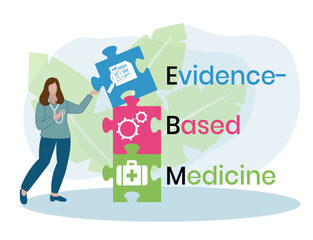 EBM - Evidence-based medicine - use of current best evidence in making decisions about the care of individual patients, acronym text concept background