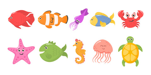 Cute underwater animals, fish, seahorse, jellyfish and octopus. Vector cartoon set of aquarium characters, funny marine creatures, puffer fish isolated on black background 
