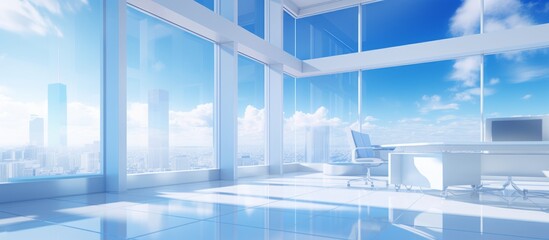 Elegant White and Blue Contemporary Office with Minimalist Design, Natural Light, and Spacious Workstations