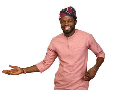 A Traditionally Dressed Northern African Business Man celebrating Winning in a Business Deal hands pointed towards copy space for adverts and promotions over a brown background