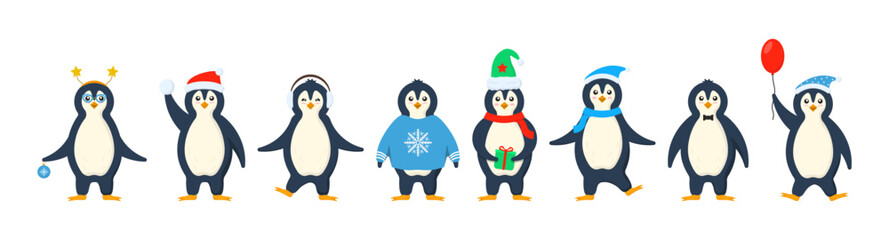 Penguin in winter activities. Little cute cartoon penguins characters play fun, make snowman, skating and skiing vector set. Illustration of winter penguin animal, bird in snow, baby funny