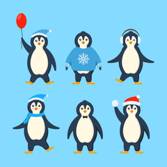 Penguins in warm clothes in flat design. Cute little penguin cartoon characters set for label design. Cold winter symbol. Antarctic bird, animal in different poses set. Vector illustration.