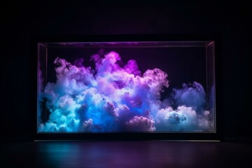 Fluorescent cloud formation illuminated with blue and purple light. Dark environment with neon frame. Generative AI