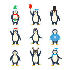 Collection of funny cartoon arctic characters animals in outerwear. Set of adorable penguins wearing winter clothing and hats. Postcard for New Year and Christmas. Image in cartoon flat style.