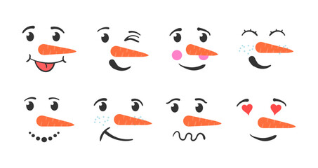 Cartoon funny doodle snowman head face with different emotions. Set of funny snowman faces isolated on a white background. Winter holidays, Christmas and New Year.