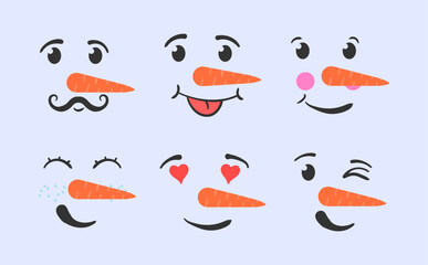 Cute face of a snowman. Emotions of a snowman. Funny emoticons in different expressions.