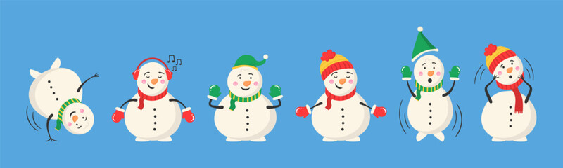 Snowman magician with sweets and gifts. Winter outdoor activity for kids. Graphic resource about winter and christmas for content, banner, sticker label and greeting card. Vector illustration.