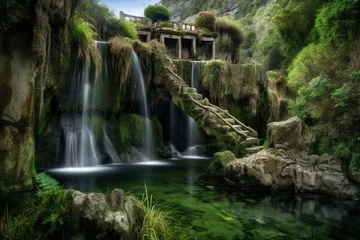Foto op Canvas Tabletop, landscape, lagoon, waterfall. Generative AI © Ramin