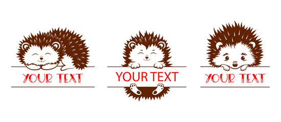 Baby name monogram. Set of hedgehog monogram with space for text. Peeking face hedgehog. Baby name sign. © Ansty art