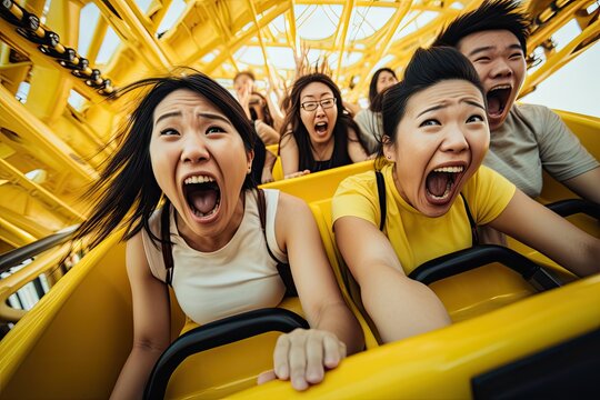 Group Of Asian Tourists Screaming And Exciting On The Roller Coaster In The Amusement Park Background.