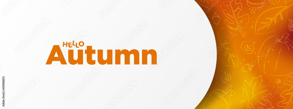 Poster simple autumn themed banner. orange and red gradient design with subtle autumn doodles and big white